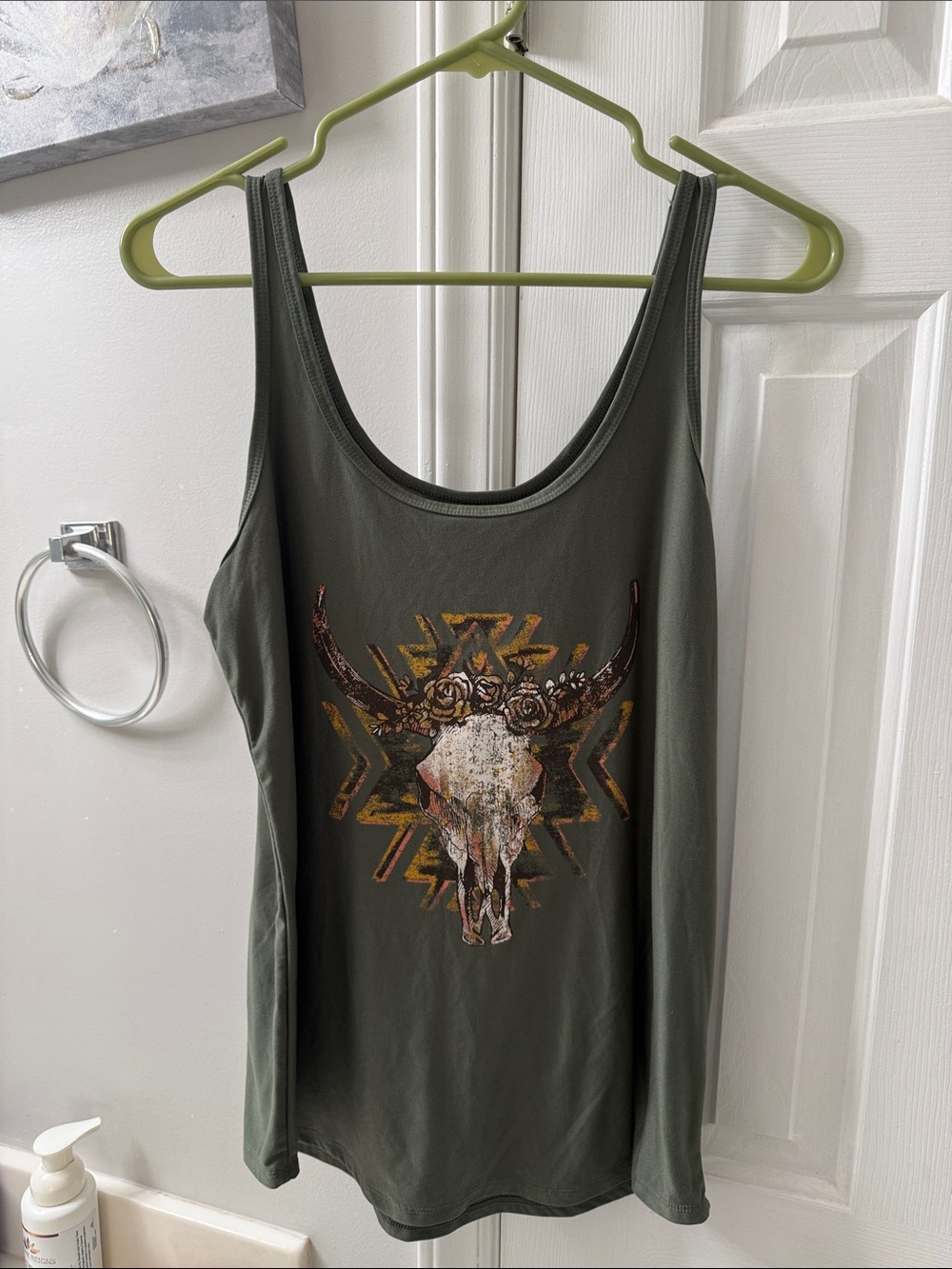 No Boundaries Olive Green Skull & Floral Graphic Tank